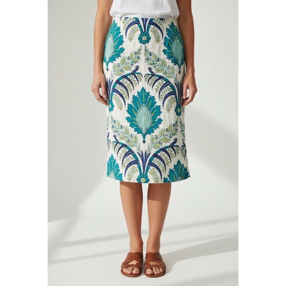 Sundance Linen Midi Skirt Graceful Verenia Teal Blue Floral Damask Boho 12 Lined